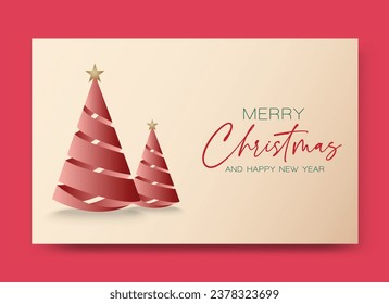 Holiday Card Design with red Christmas trees and gold stars simple style. Vector illustration.