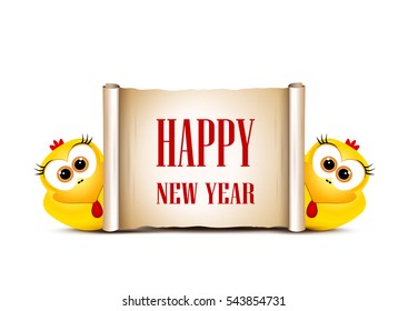 Holiday card design template. Two funny yellow chickens. Rooster symbol New Year 2017.