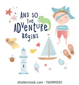 Holiday card design with: pirate, lighthouse, map, iguana, turtle. Time of adventure. 
