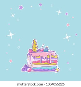 Holiday card. Doodle sweets. Cute cakes. Magically unicorn sweets. 