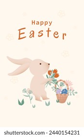Holiday card. Easter bunny with bouquet of flowers and basket of eggs. Retro style illustration. Hand drawn. Vector illustration