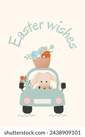 Holiday card. Easter bunny in car and basket with eggs. Illustration in retro style. Hand drawn.