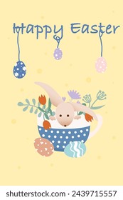 Holiday card. Easter bunny in a cup and Easter eggs. Retro style illustration. Hand drawn. Vector illustration