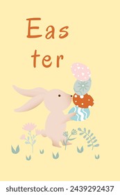 Holiday card. Easter bunny and pyramid of eggs. Retro style illustration. Hand drawn