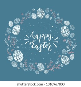 Holiday card with Easter eggs and floral elements on blue background. Lettering Happy Easter, illustration.
