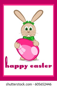 Holiday card for Easter with little easter bunny holding painted pink egg on white background with pink frame. Vector illustration