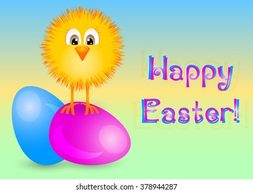 Holiday card for Easter with painted eggs and little paschal yellow chicken on gradient background. Vector illustration