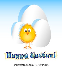 Holiday card for Easter with paper eggs and little paschal yellow chicken on white background. Vector illustration