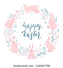 Holiday card with Easter rabbits, eggs and pink and blue floral elements on white background, illustration.