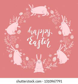 Holiday card with Easter rabbits, eggs and floral elements on pink background, illustration.