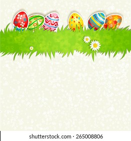 Holiday card with eggs on green grass. Place for text