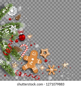 Holiday card with festive card and decorations baubles, stars, snowflakes on isolated background. Christmas festive template.