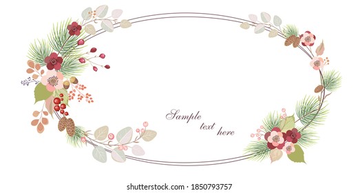 holiday card with fir branches, flowers, cones and berries, delicate leaves, with an oval frame on a white background