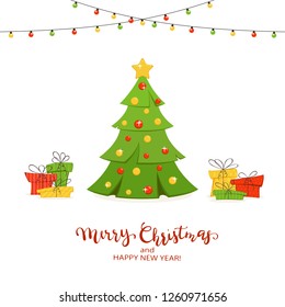 Holiday card. Fir tree with balls, christmas lights and gifts isolated on white background with lettering Merry Christmas and Happy New Year, illustration.