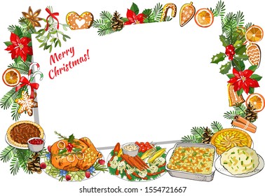 Holiday card with fir tree and festive decorations traditional Christmas food, Turkey, gingerbread, poinsettia on white background. Template for banner, ticket, leaflet, invitation, poster and so on