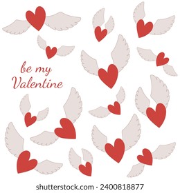 Holiday card with flying hearts. Valentine's Day. Vector illustration on a white background.