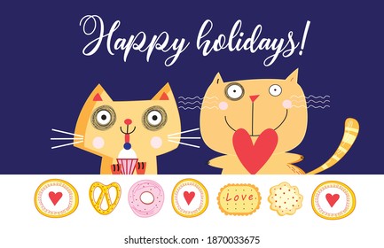 Holiday card with funny cats on a blue background