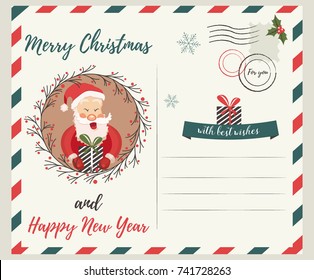 Holiday card with funny Santa Claus and decorative garland