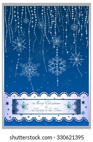 Holiday card with garland of snowflakes on dark blue backdrop in scrapbooking style for greeting with Christmas and New Year. Vector illustration