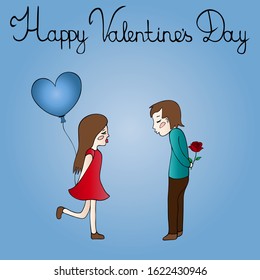 Holiday card a girl and a young man exchange gifts. The girl has a balloon, the boy has a rose. Vector. Blue background.  Idea for design of a Valentine card, greeting card, invitation. Valentine day.