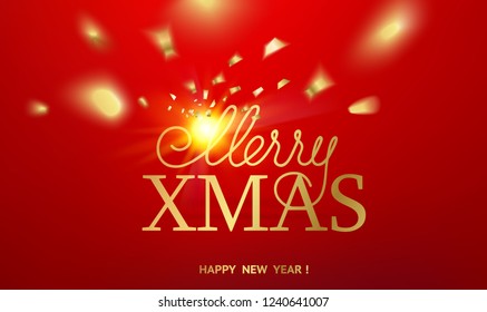 Holiday card. Gold template over red background with golden sparks. Happy new year 2019. Fallen confetti and sun rays in the red area. Vector illustration.