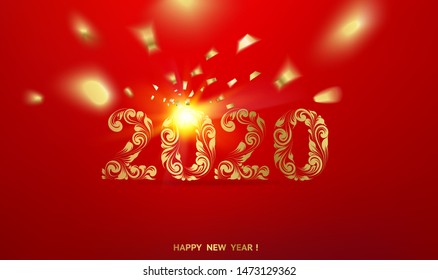 Holiday card. Gold template over red background with golden sparks. Happy new year 2016. Red underwater abstraction. Fallen sparks and sun rays in the red area. Vector illustration.