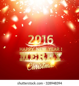 Holiday card. Gold template over red background with golden sparks. Happy new year 2016. Red underwater abstraction. Fallen sparks and sun rays in the red area. Vector illustration.