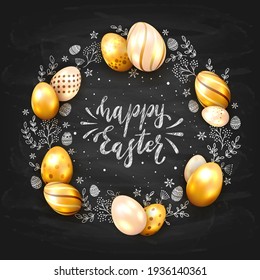 Holiday card with golden Easter eggs and floral elements on black chalkboard background and lettering Happy Easter. Illustration can be used for holiday design, banner, website, greeting cards.