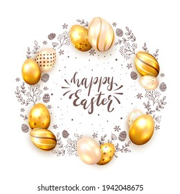 Tarjeta de vacaciones con huevos dorados de Pascua y elementos florales sobre fondo blanco y letras Happy Easter. La ilustración se puede usar para el diseño de vacaciones, banner, sitio web, tarjetas de felicitación.