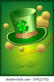 Holiday card with green hat, coins and clover on green background for St. Patrick's Day. March 17. Good luck. Vector illustration