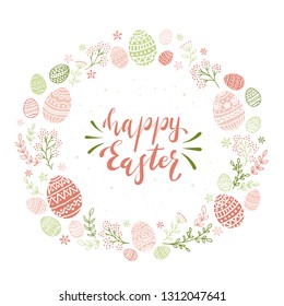 Holiday card with green and pink Easter eggs and floral elements. Lettering Happy Easter isolated on white background, illustration.
