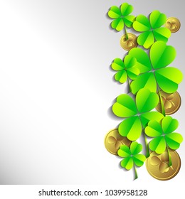 Holiday card with green shamrocks and golden coins on grey background for St. Patrick's Day in March 17. Vector illustration