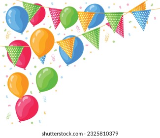 A holiday card. Greeting flyer with the image of colorful balloons and colored flags. A postcard with a clean place for the inscription. Vector illustration