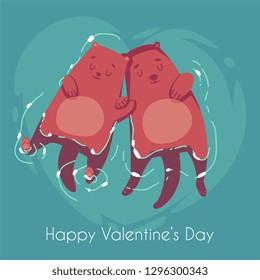 Holiday card with greeting "Happy Valentine's day". Vector illustration of a cute cartoon couple of siamese otters swiming next to each other. Place for text.