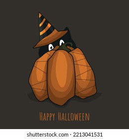 A holiday card for Halloween. Decoration on the door for the holiday. Welcome to fear. Vector illustration for the Feast of All Saints. Orange colors. Cat and pumpkin.