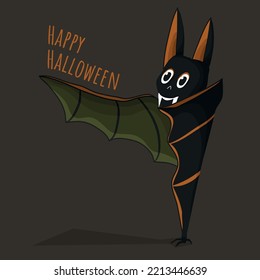 A holiday card for Halloween. Decoration on the door for the holiday. Welcome to fear. Vector illustration for the Feast of All Saints. Orange colors. The bat congratulates on the holiday.