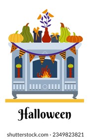 Holiday card for Halloween. The fireplace is decorated with garlands and pumpkins for the autumn Halloween holiday. An illustration in a flat style hand drawn.