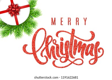 Holiday card with hand lettering Merry Christmas and gift with red bow, fir tree branches on white background. Template for a banner, poster, invitation. Vector illustration for your design