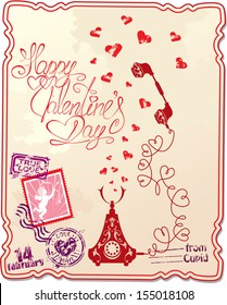 Holiday card with hand written text Happy Valentine`s Day with retro telephone, hearts and stamp in vintage style. 