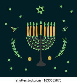 Holiday card for Hanukkah, with candles for the Jewish holiday. Hand-drawn for the holiday of candles with cartoon Hanukkah symbols. Star of David, with a candle, a tree branch, gift boxes, a bird