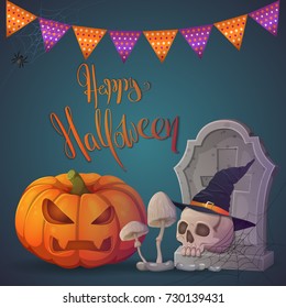 holiday card Happy Halloween. Illustration with a pumpkin lantern, grave stone, skull and poisonous mushrooms