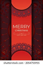 Holiday card Happy New Year Red color with vintage burgundy pattern