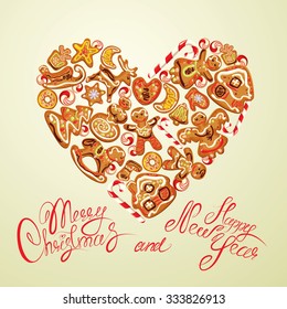 Holiday card. Heart shape with xmas gingerbread - reindeer, star, moon, people, house. Calligraphic text Merry Christmas and Happy New Year