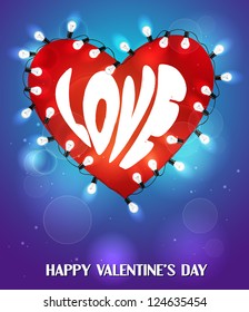 Holiday card with heart shaped garland on the blue background