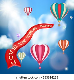 Holiday card with hearts, balloons, on blue sky background with clouds. Love in the air, Valentines day template. EPS 10 vector file included