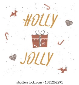 Holiday card with holly jolly. Christmas and New year postcard. Doodle holiday card collection