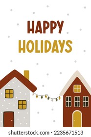 Holiday card with houses and greeting inscription in hygge style. Happy Christmas and New Year greeting card