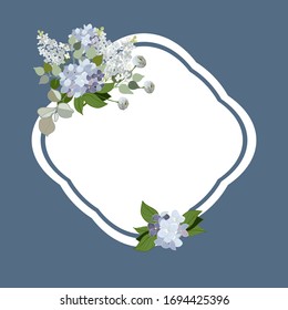 Holiday card with hydrangea flowers and sprigs of lilac on a blue background