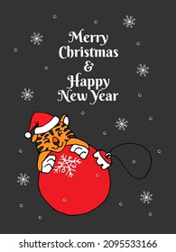 Holiday card illustration of cute tiger wearing red Santa Claus hat and with Christmas ball