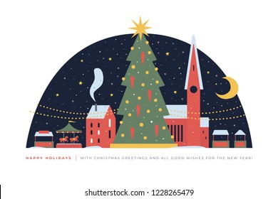 Holiday card with image of Christmas tree on background of Christmas market and snowfall. Snow-covered city with cozy nice houses, tower, carousel and fairground tents. Vector colorful image.